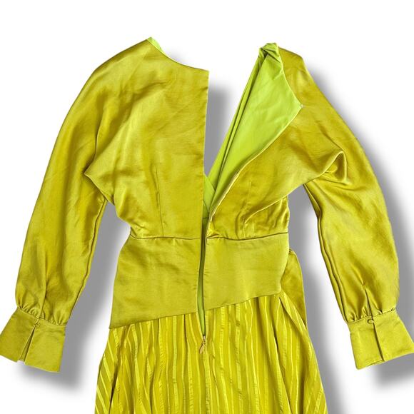 Chartreuse Pleated Wrap Dress Long Sleeve Asym Hem Midi Yellow Women - Picture 9 of 11
